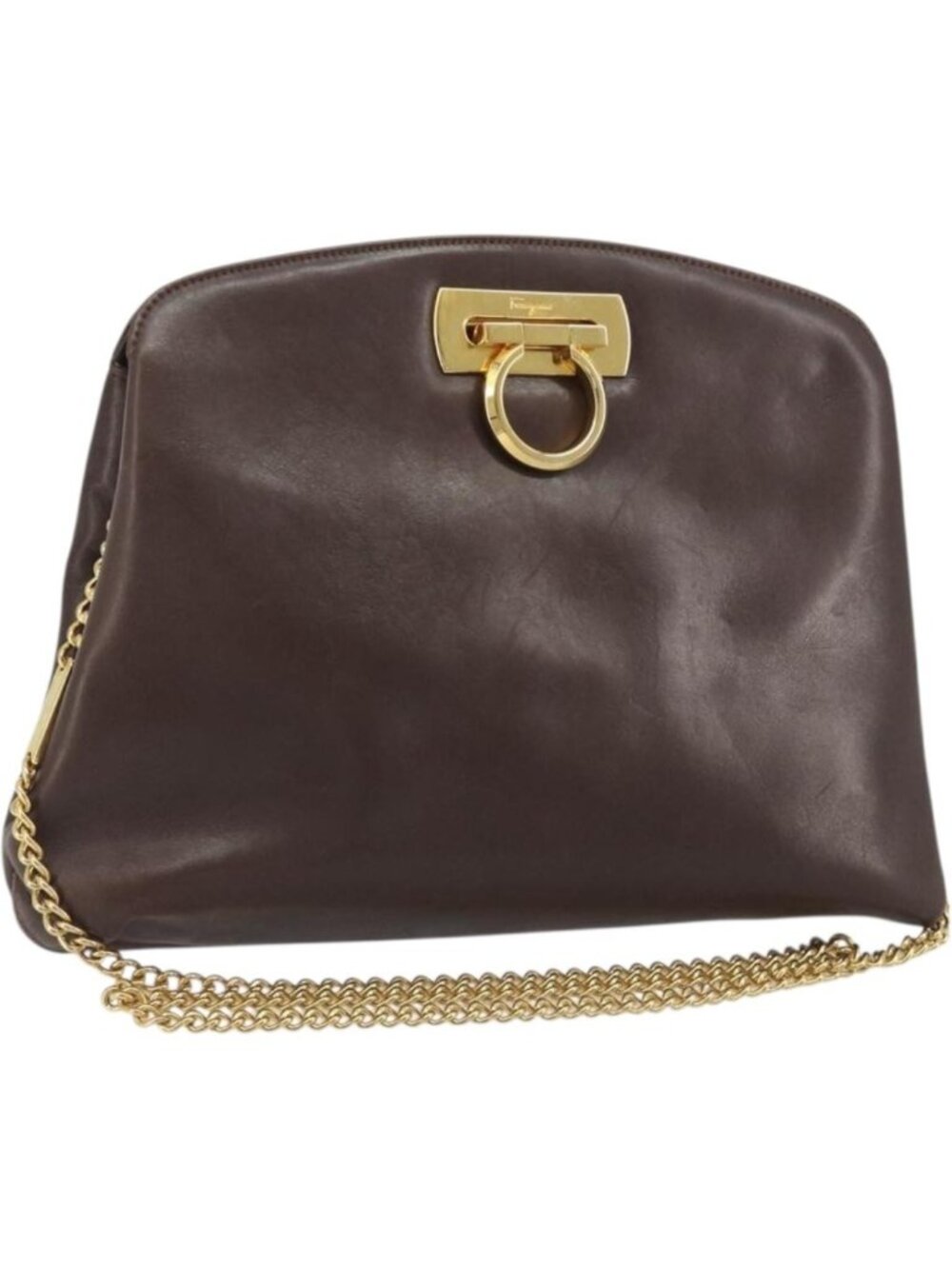 Salvatore Ferragamo Gancini Chain Shoulder Bag Leather Brown Gold